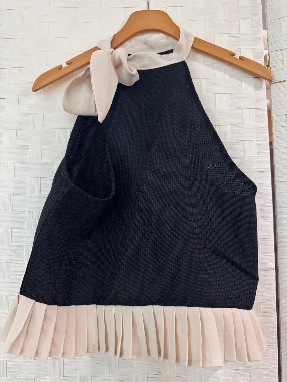 Black Halter Top with Ivory Tie & Pleated Hem